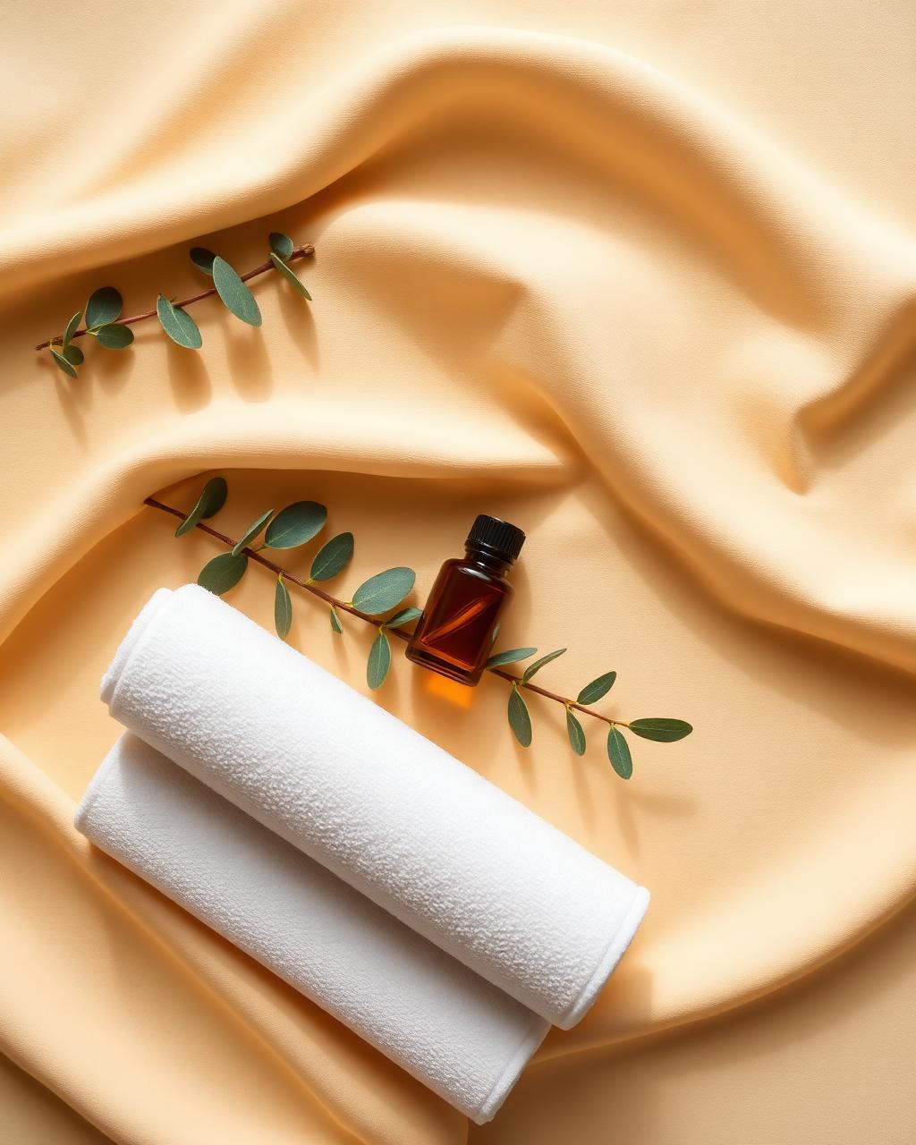 Premium massage oils and eucalyptus on warm beige textile
